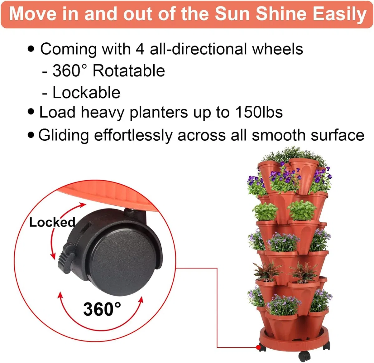 Jardinière empilable, Tour de Jardin Verticale, Ensemble de jardinières Verticales pour Fraises, Herbes, Fleurs (Terracotta, 4 Niveaux)