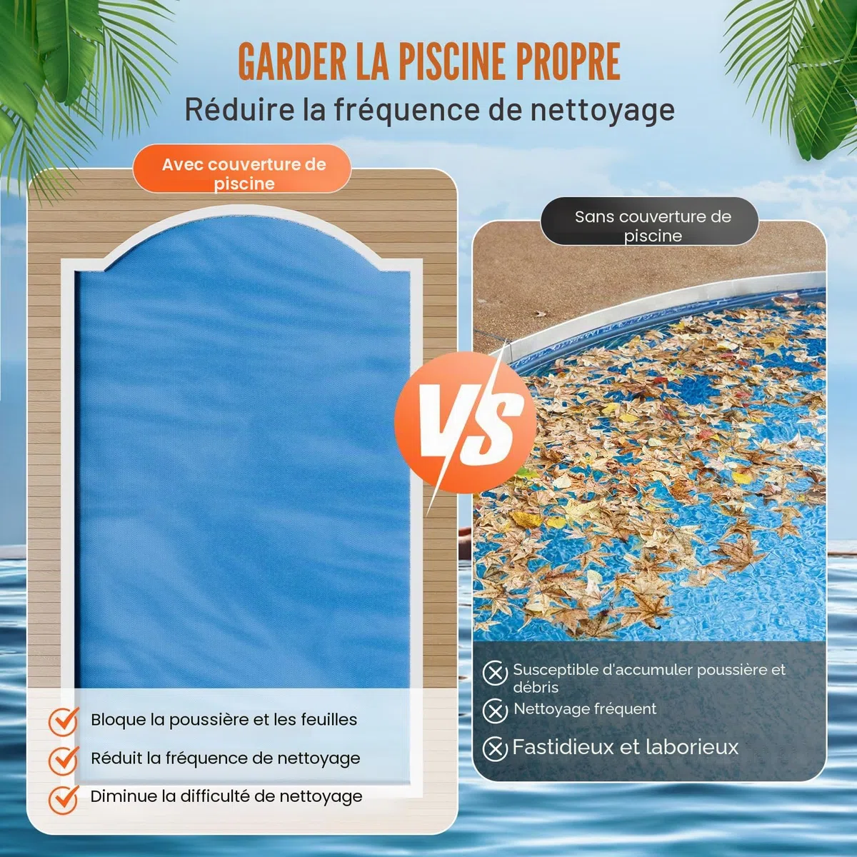 VEVOR Couverture Solaire pour Piscine, 10,97 x 5,49 m, bâches solaires rectangulaires pour Piscine, épaisseur de 0,4 mm, Protecteur de Piscine pour Piscine Hors Sol creusée, pour Chauffer l'eau, Bleu