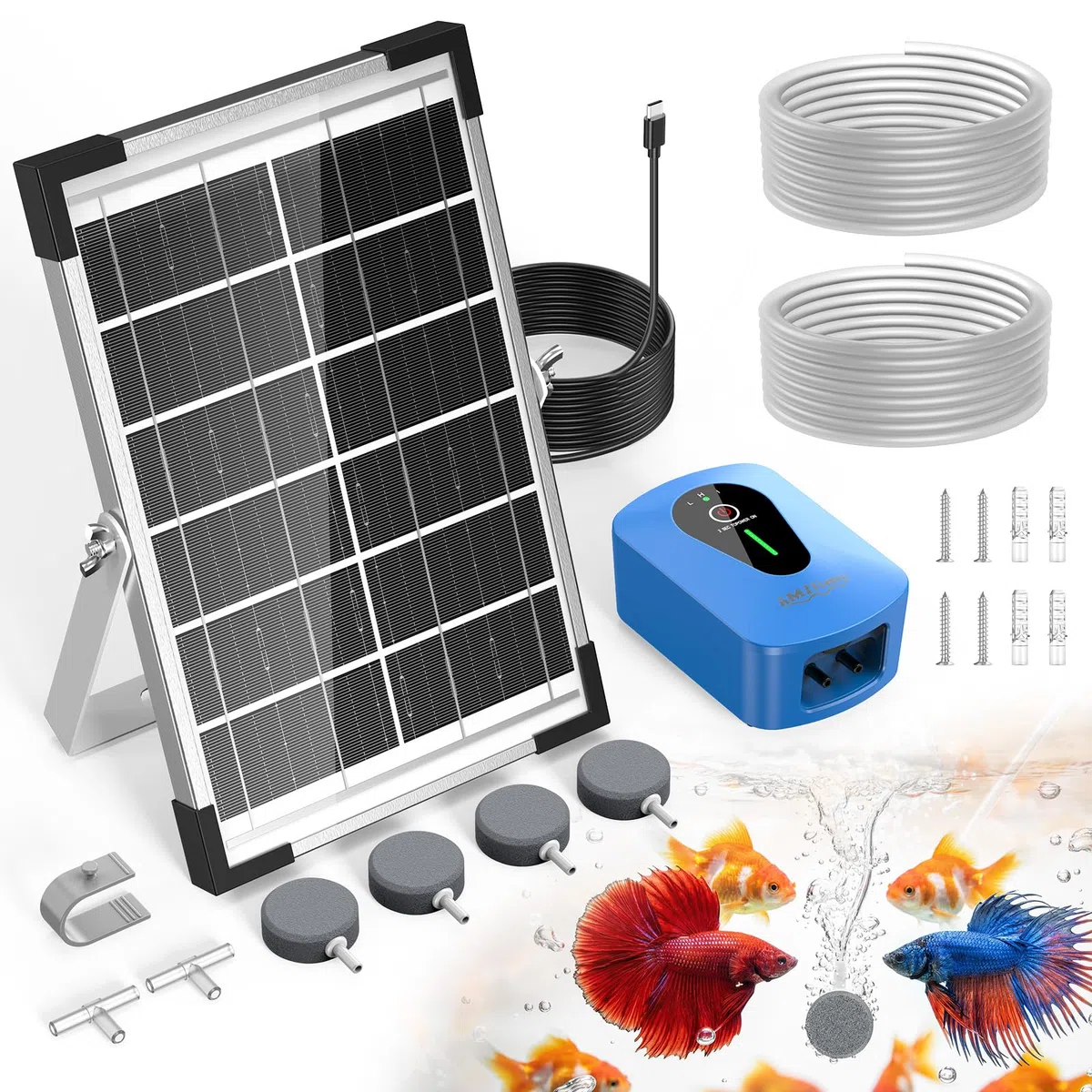 AMZtime 8 W Pompe à oxygène à Double Pompe, Pompe à oxygène Solaire avec Batterie, 3 Modes et 4 Pierres à Bulles, adaptée aux bassins de Jardin, à la pêche et à la Culture hydroponique