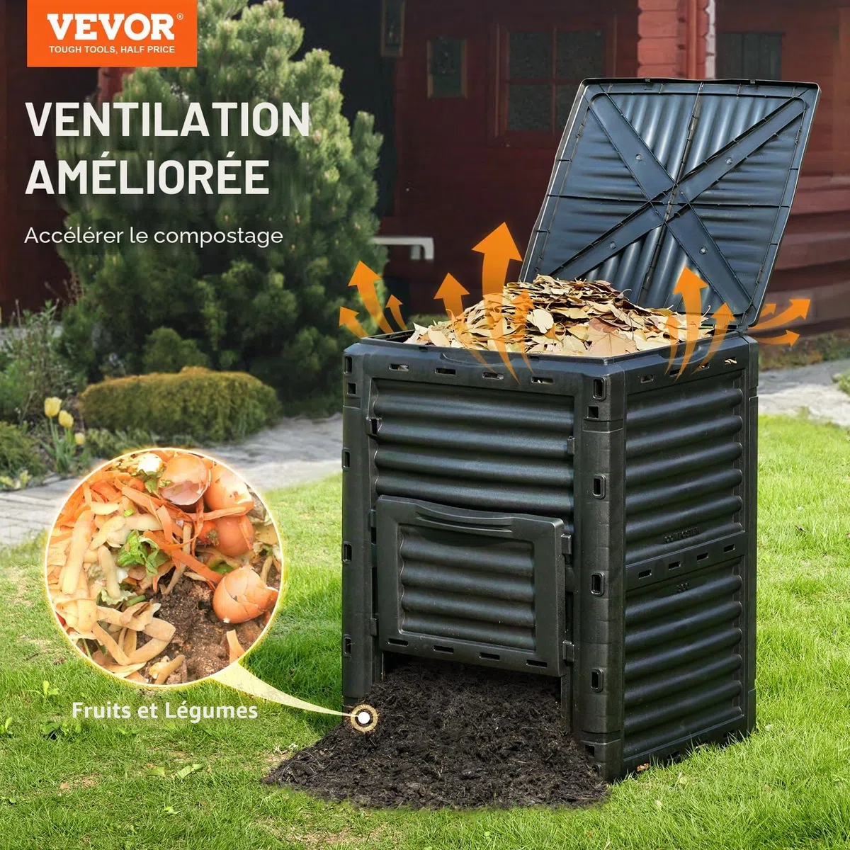 VEVOR Composteur de Jardin 300 L Bac à Compost Extérieur sans BPA avec Couvercle Porte Inférieure Grande Capacité Facile à Installer pour Collecte des Feuilles Compostage Création Rapide Sol Fertile