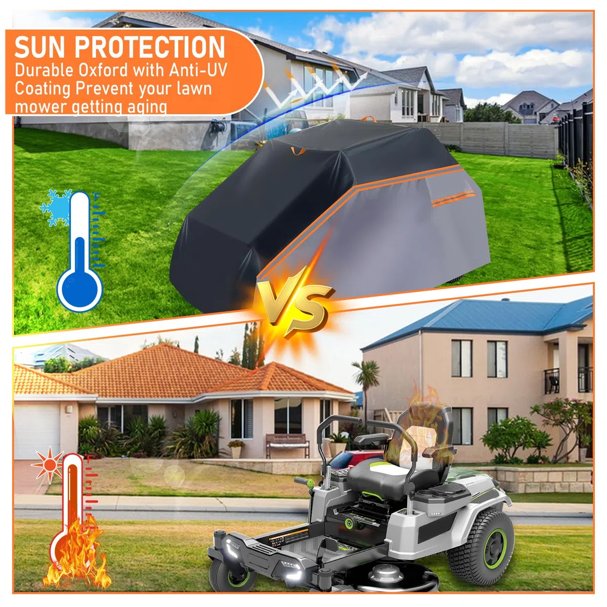 Bâche de Tracteur à Gazon 600D, imperméable Anti-poussière résistante aux UV Coupe-Vent, Anti-Pluie Housse de Protection pour Tondeuse à Gazon d'extérieur(L201 x W140 x H117 cm)