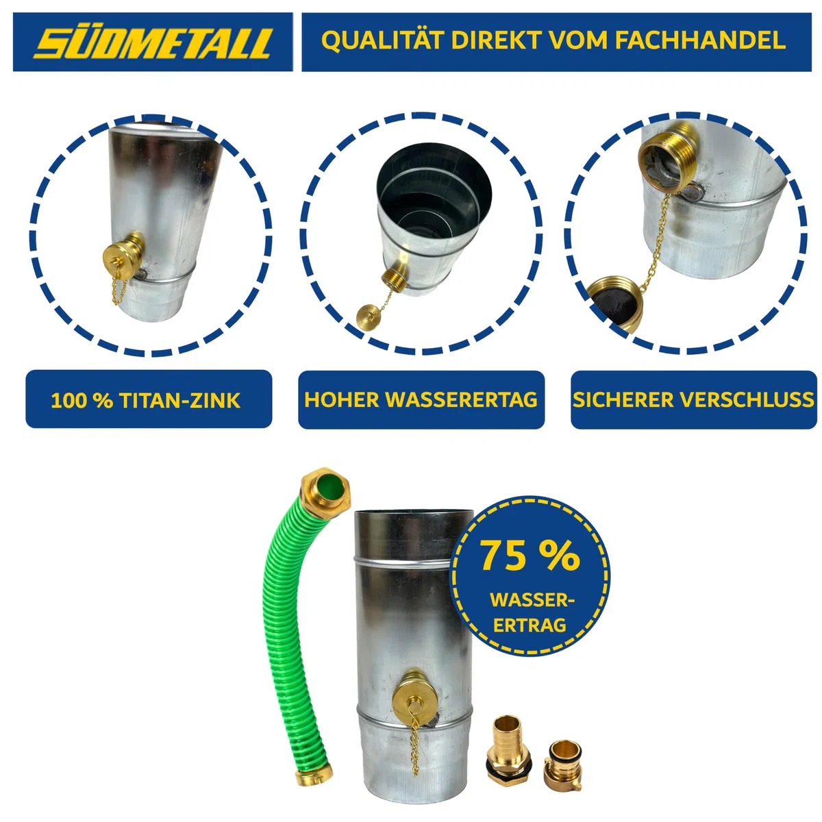 Collecteur d'eau de pluie en zinc de qualité supérieure de 80 mm avec raccord de tuyau et de tonneau pour le tuyau de descente - Collecteur en zinc titane 75 %