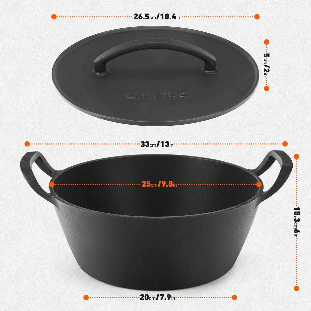 onlyfire Cocotte en Fonte Émaillée 25 cm avec Couvercle | Dutch Oven pour Barbecue et Feu de Camp, Compatible Induction, Gaz et Four, Poignées Larges, Couvercle à Rebord pour Braises