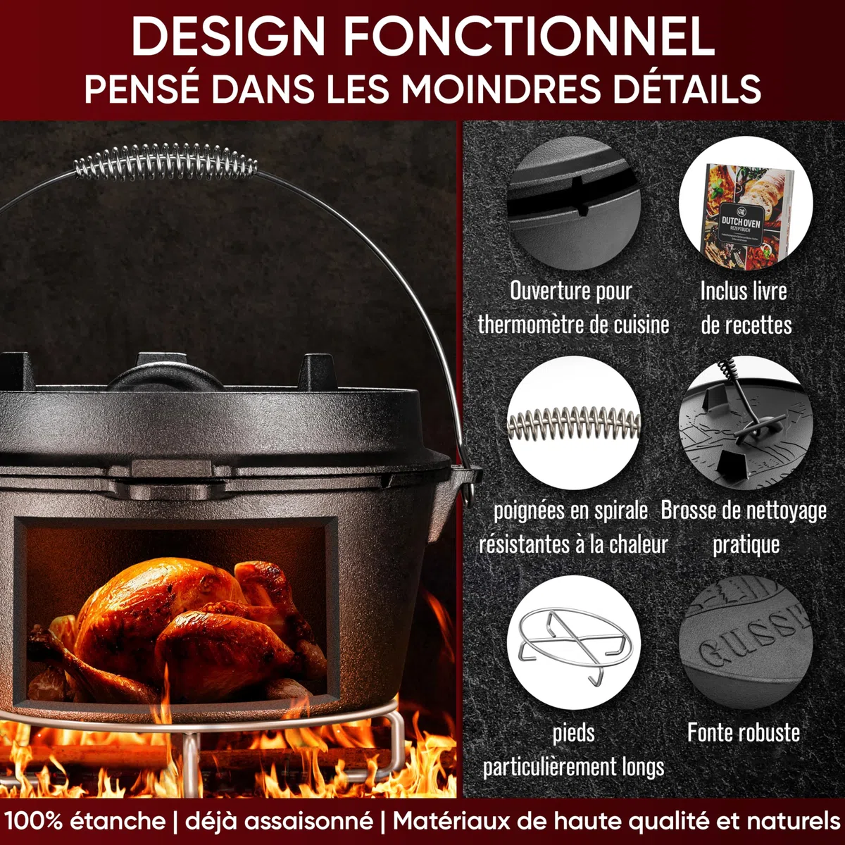 GUSSKÖNIG dutch oven Cocotte Fonte Barbecue - Cocotte Émaillée 9L sans Pieds - Chaudron en fonte - Double Fonction - Marmite fonte-Marmite feu de bois, Inclus : Brosse & Livre de Recettes