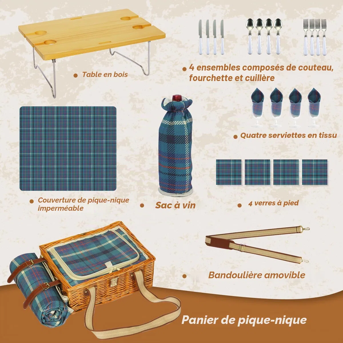 Ensemble de panier de pique-nique avec table pliante et couverts - Panier de pique-nique pour 4 personnes, avec sacs isothermes, panier tressé avec anse, panier en osier - Coffret cadeau pour