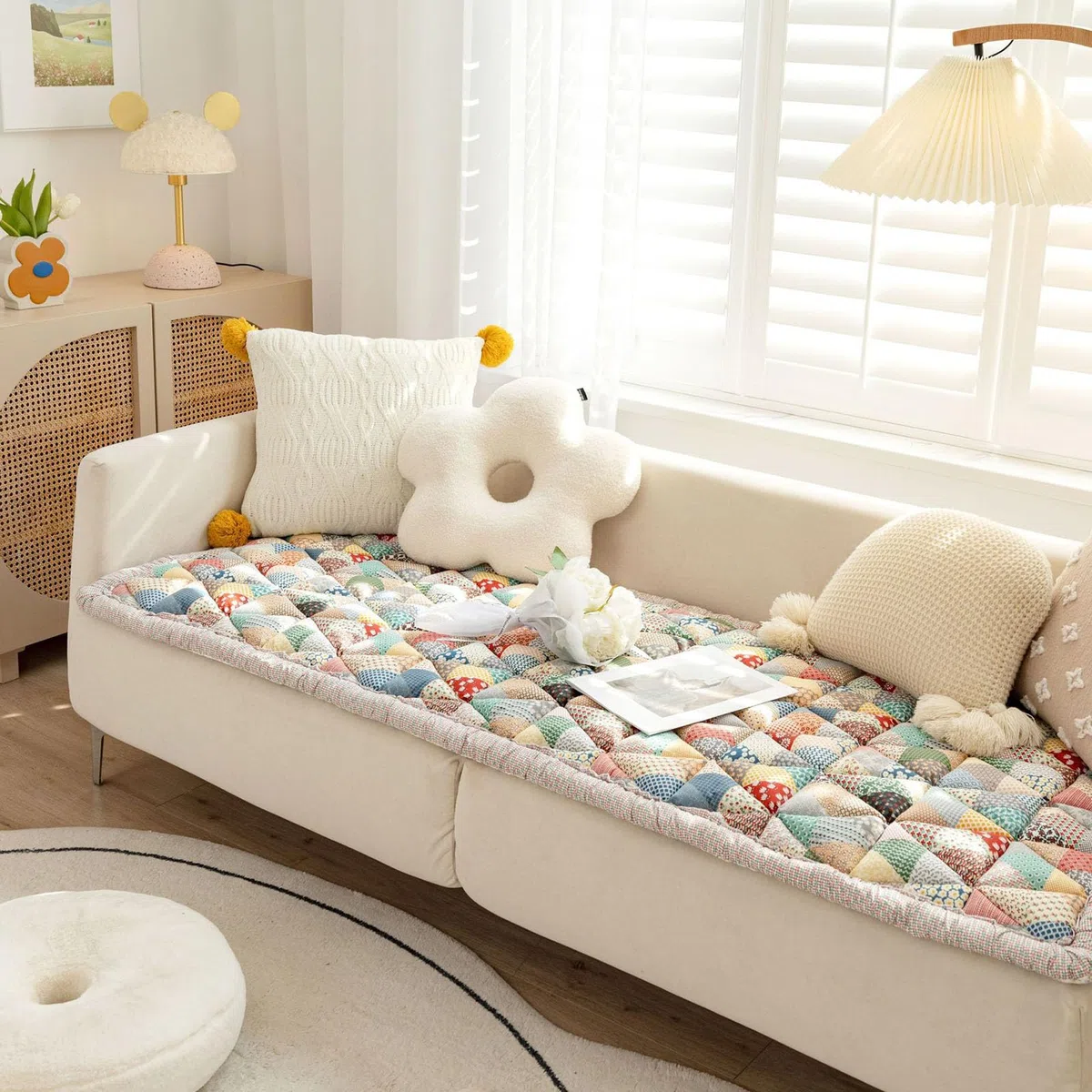 Housse de Protection for Canapé en Coton Garden Chic, Antidérapante Universelle Protège-canapé pour Chiens, Patchwork Housse de Canapé Tapis de Sol(70x210cm(27x83inch), A)