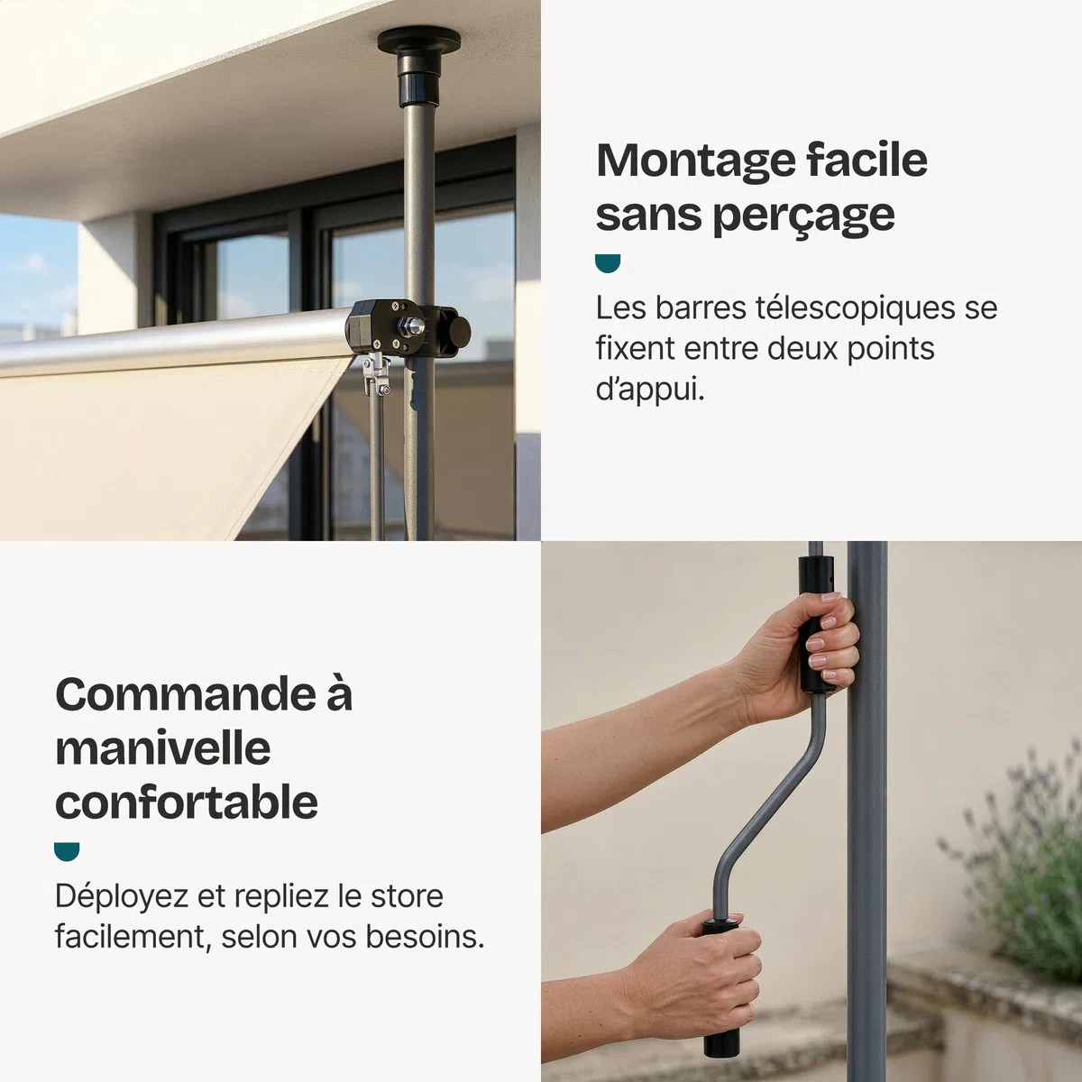 pro.tec Store Banne Manuel Rétractable pour Terrasse Marquise Soleil de Balcon Auvent Téléscopique Hauteur et Inclinaison Réglable sans Perçage Acier Polyester 150 x 120 x 220-309 cm Sable