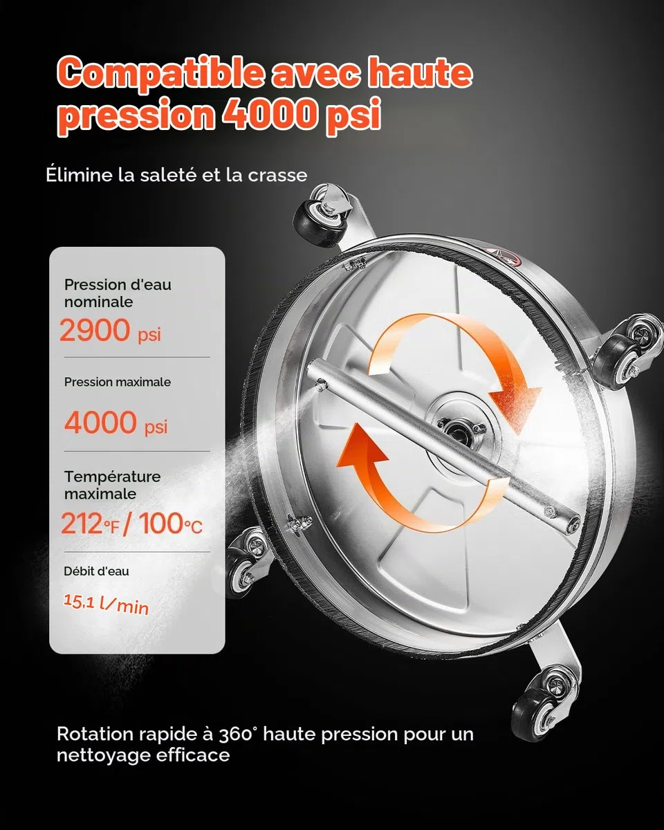 VEVOR Nettoyeur de Surface pour Nettoyeur Haute Pression 395 mm, Accessoire Nettoyeur Sol en Acier INOX sur Roues, 275 Bar Max. connecteur 0,635 cm 2 Buses pulvérisation 2 tiges Extension, pour béton