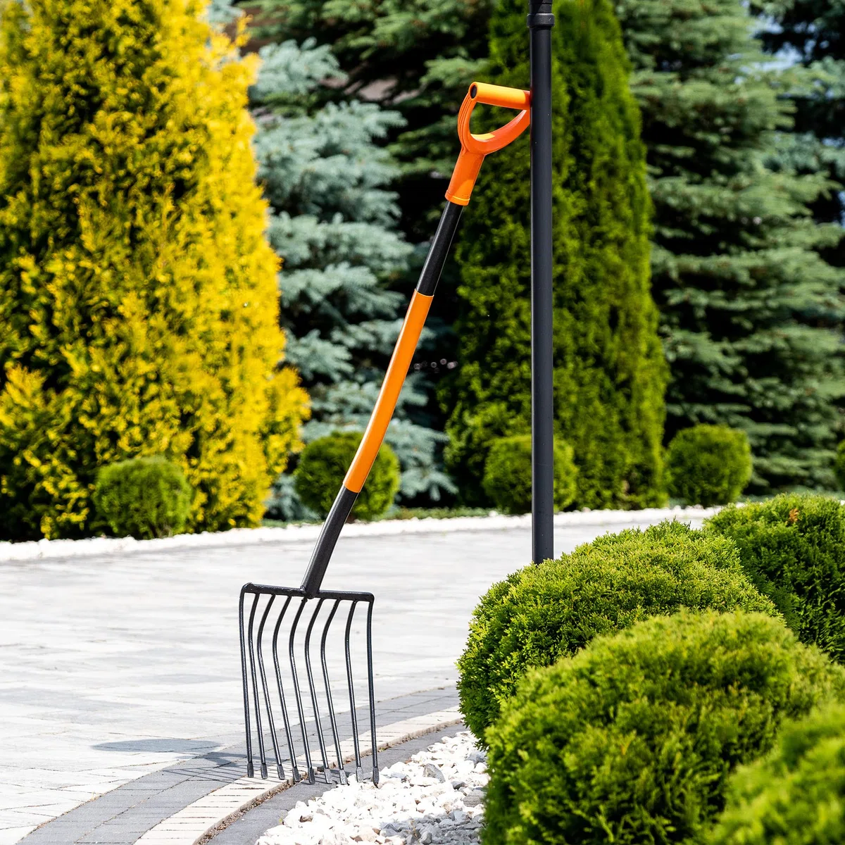 KADAX Fourche à Pommes de Terre dotée d'une Tête en Acier Trempé au Carbone et des Dents Plates, Outil de Jardin avec Manche Long (9 Dents)