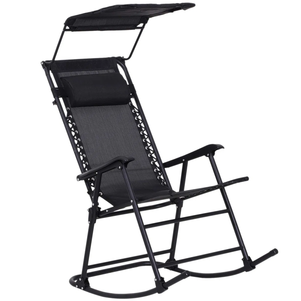 Outsunny Fauteuil à Bascule Rocking Chair Pliable de Jardin dim. 105L x 64l x 125H cm tétière + Pare-Soleil Inclus Acier époxy textilène Noir