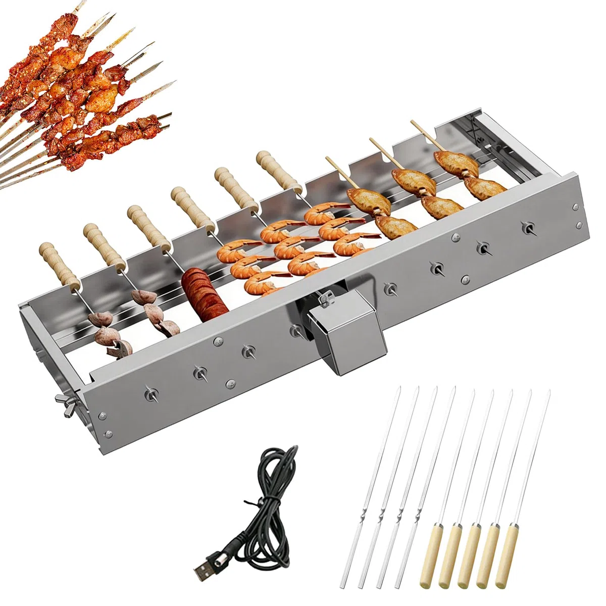 Broche Rotative Électrique, Tournebroche Pour Barbecue En Acier Inoxydable 50cm Avec Moteur USB Accessoire Schaschlik 9 Trous Avec 9 Brochettes 5 Tr/Min Largeur Réglable Accessoire De Grill De Jardin