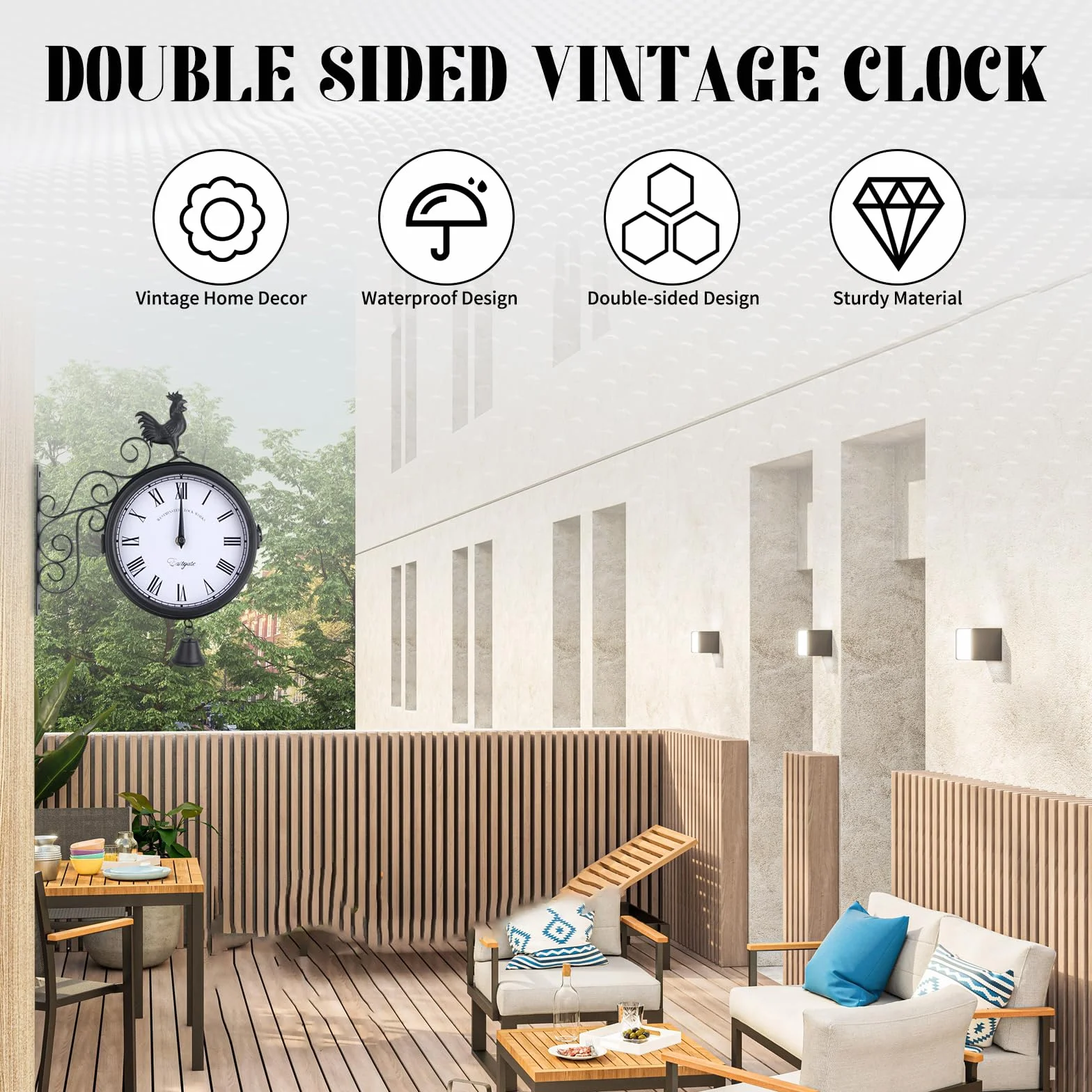 Horloge de jardin - Horloge de gare - Montre Résistante aux intempéries - Design double face - Étanche - 20 cm - Rétro - Avec support mural - Pour jardin, couloir, véranda, gare - Noir