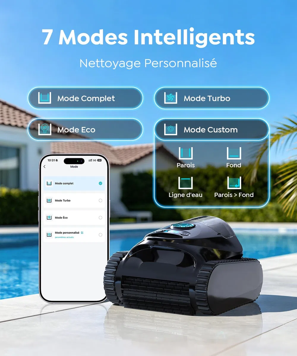 C1 Robot Piscine Fond et Parois (2026 Nouv) | Double filtration, 180 min, 7 modes, App, max 150 m², facile à sortir de l'eau, pour eau douce et salée