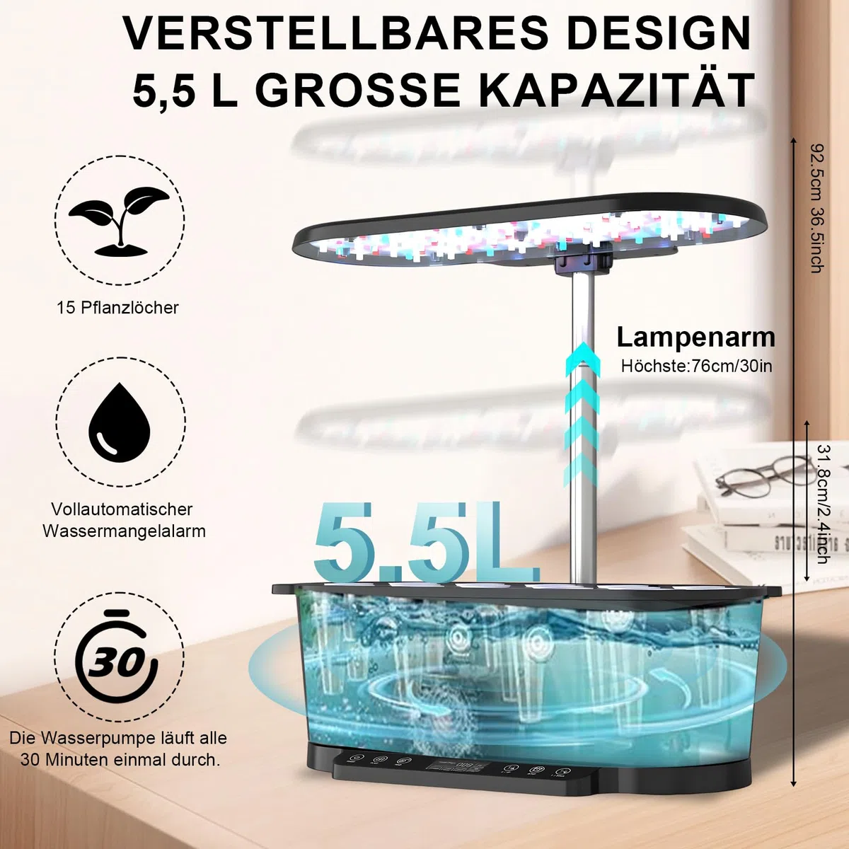 Système de culture hydroponique WiFi, 15 douilles, Smart Herb Garden Kit pour intérieur, jardin intérieur avec lumière de croissance LED 36 W, réservoir d'eau 5,5 l, système de pompage
