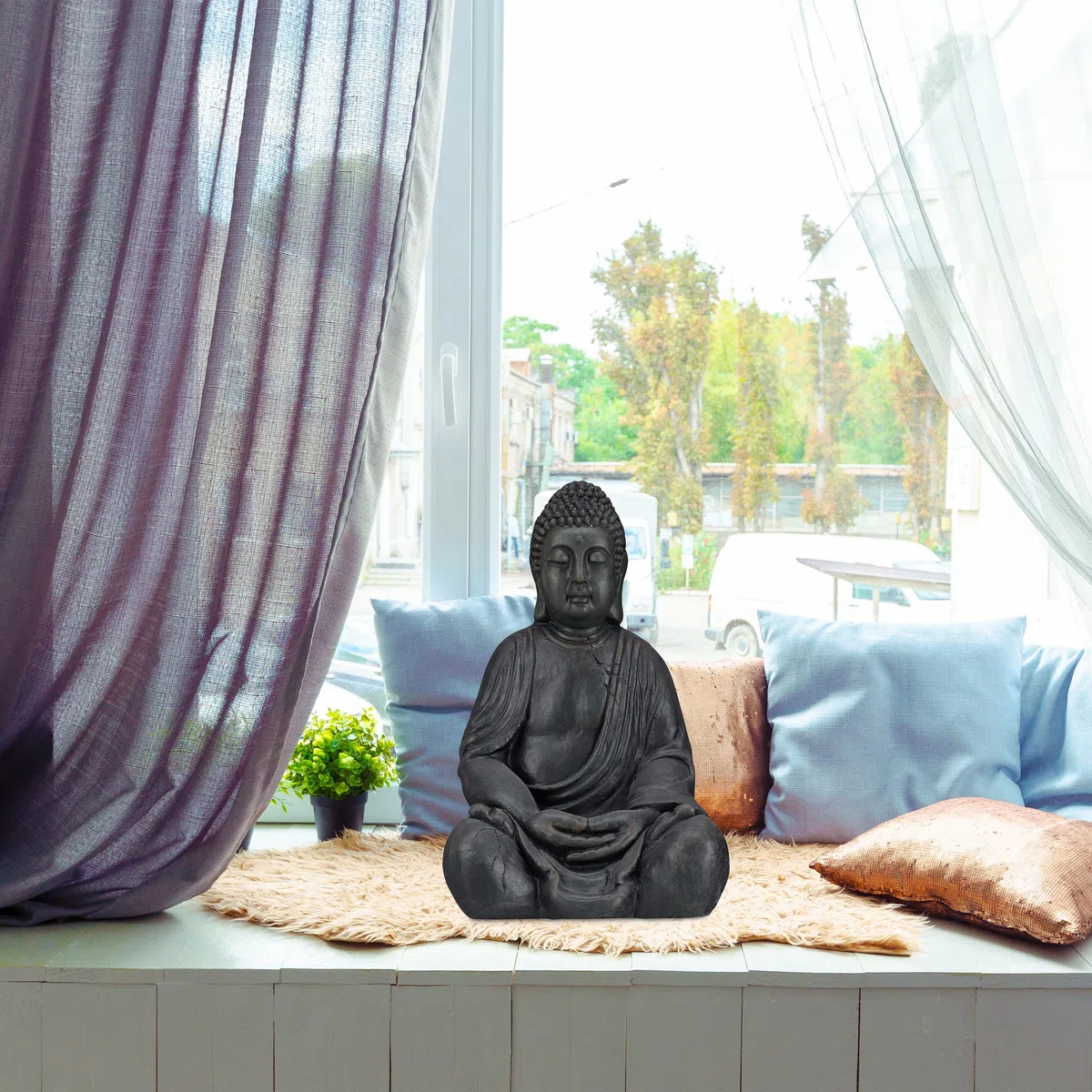 Relaxdays Statue de Buddha Figurine de Bouddha décoration Jardin Sculpture céramique Zen 50 cm, Gris Clair, grisclair