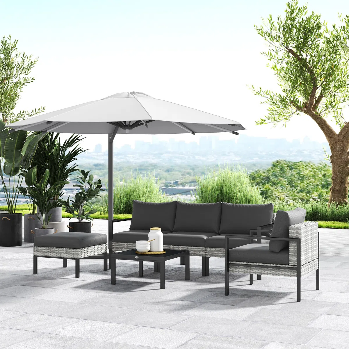 Outsunny Salon de Jardin Extérieur 5 Personnes Charge 120 kg Gris Clair | Salon de Balcon en Résine Tressée, Fauteuils, Pouf, Table Basse, Coussins Déhoussables Inclus