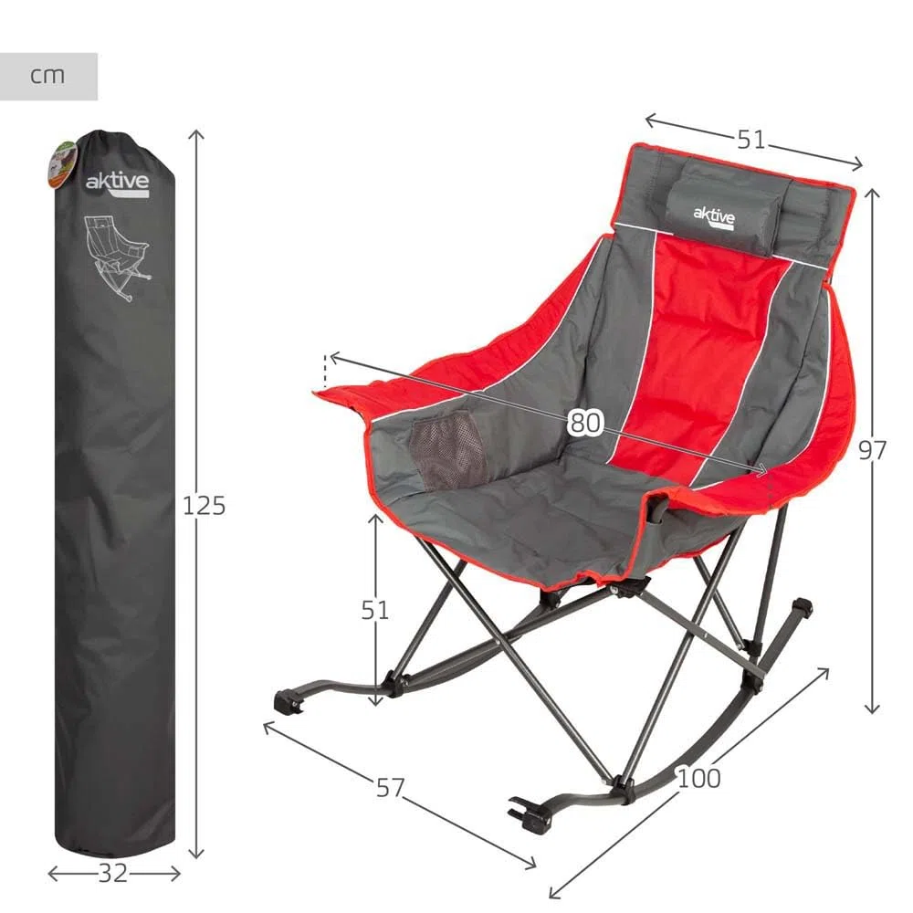 AKTIVE - Chaise à Bascule de Camping Pliable, en Acier et Polyester rembourré, avec Coussin et Poches latérales, Sac de Transport, Chaise à Bascule, chaises Pliantes, pour Jardin ou Plage (63046)