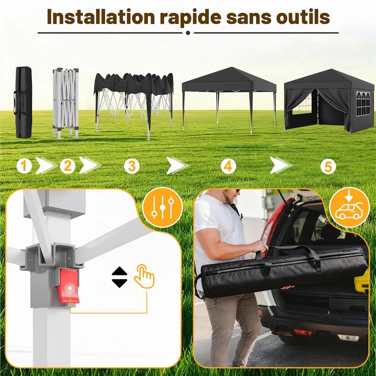JUMMICO Tonnelle Pliante 3x3 imperméable, Hauteur Réglable, Toile Épaisse avec Fermeture Velcro, Structure Robuste, Protection Anti-UV, Idéale pour Camping, Jardin et Plus Encore, Gris