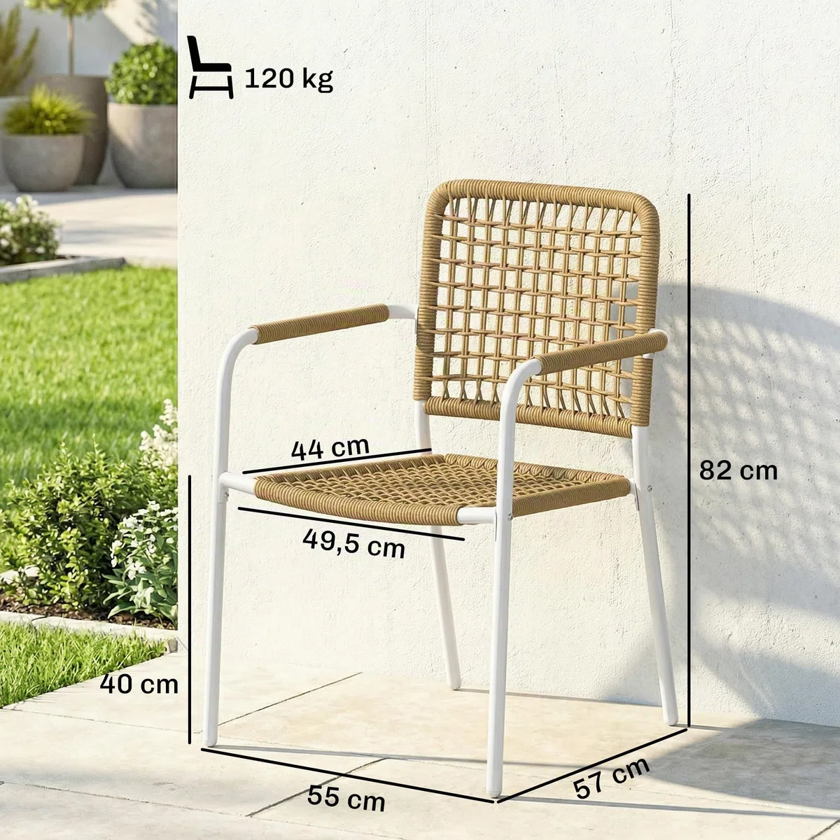 Outsunny Lot de 2 Chaises de Jardin en Résine Tressée Empilables Jaune | Chaise de Salle à Manger, avec Accoudoirs et Dossier, Fauteuil de Jardin Exterieur, pour Balcon Terrasse Patio
