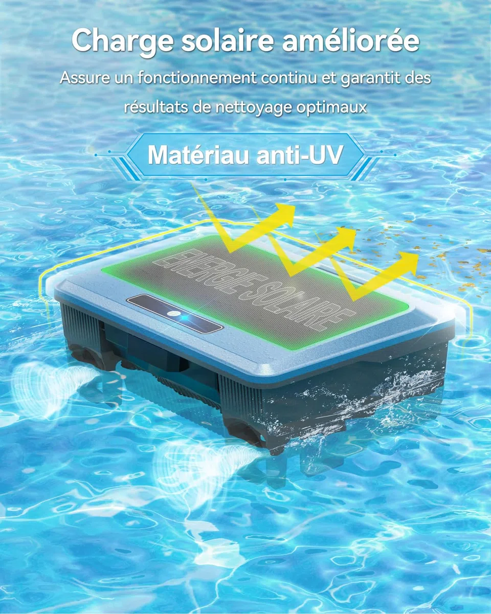 WAVIO (2026 Upgrade) F1T Robot Skimmer Solaire de Piscine, Contrôle Via App, Double Options de Recharge, Anti-Obstacle Intelligent, Nettoyage Automatique 24/7, Idéal pour Piscine Hors Sol, Bleu