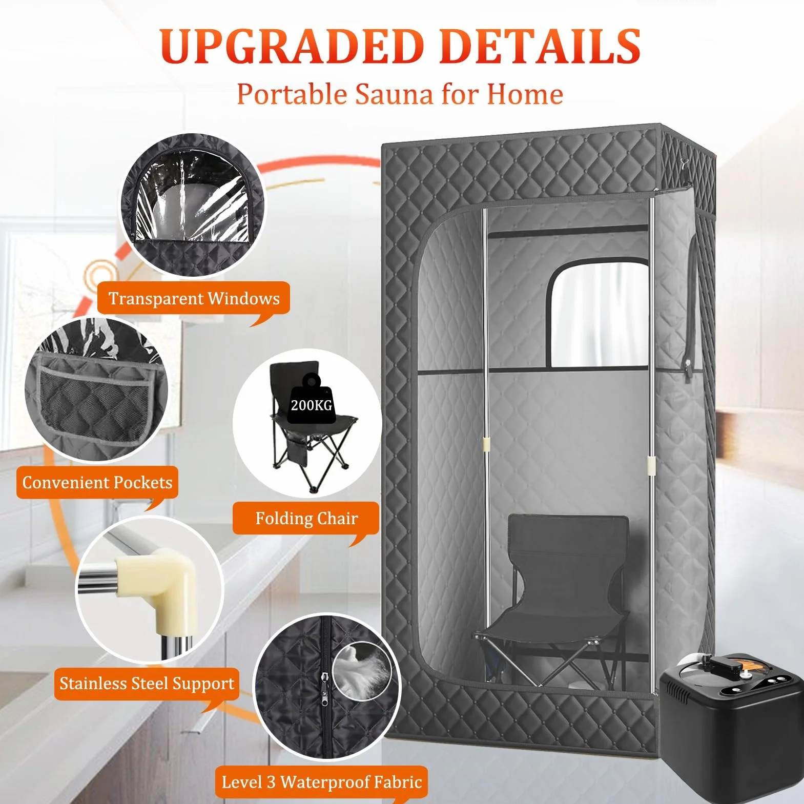 Sauna mobile, sauna à vapeur 3L pour la maison, sauna mobile extérieur, mini sauna pour la maison, accessoires de sauna avec générateur de vapeur 1000W & 3L, chaise de sauna, télécommande