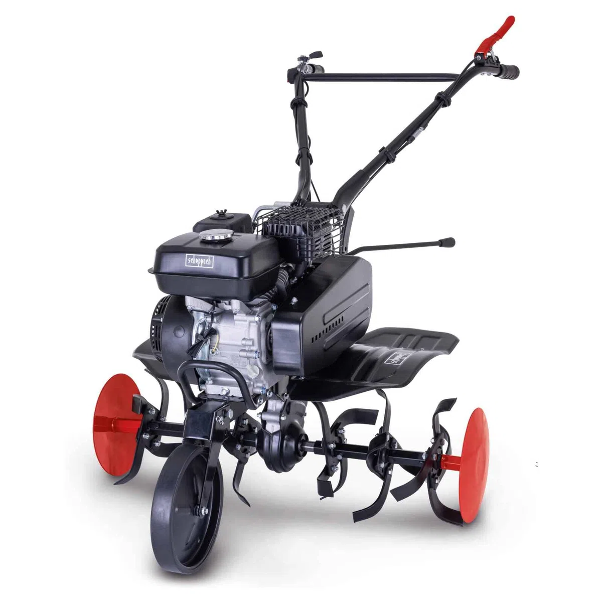 Scheppach Motobineuse Thermique MTP750 - Moteur 4 Temps - 212 cm³ - 5,7 CV - Largeur de Travail 750 mm - Fraises Ø 310 mm - 24 Couteaux - Roue de Transport escamotable - disques protège-Plantes