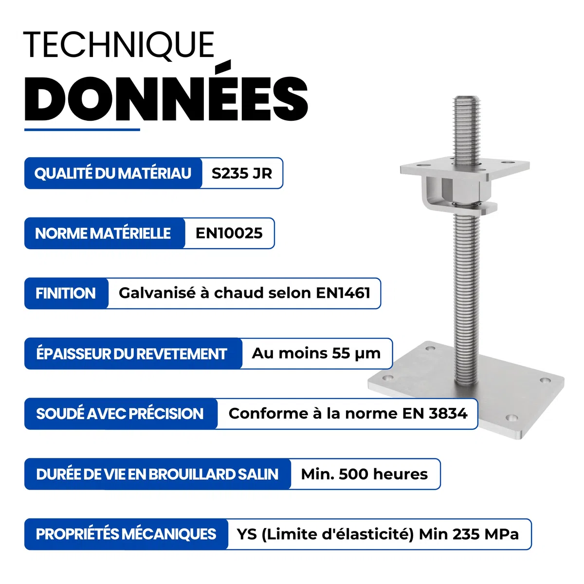 GeZu Impex Support de poteau Galvanisé à chaud Lot de 4 100 x 100 mm hauteur reglable platine bois pied poteaux clôture