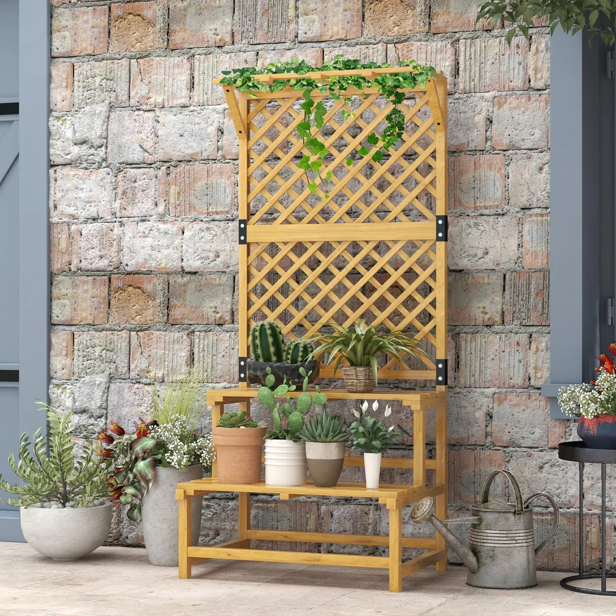 Outsunny Escalier à fleurs avec tuteur, 2 marches, toit, escalier pour plantes d'intérieur et extérieur, support de fleurs en bois, étagère à fleurs à plusieurs étages pour jardin, balcon, 75 x 50 x