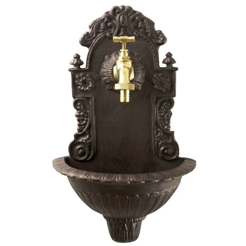 Fontaine de Jardin de Charme Murale Source Fonte Patinée Marron avec Robinet Fonctionnel en Laiton 14x25x40cm