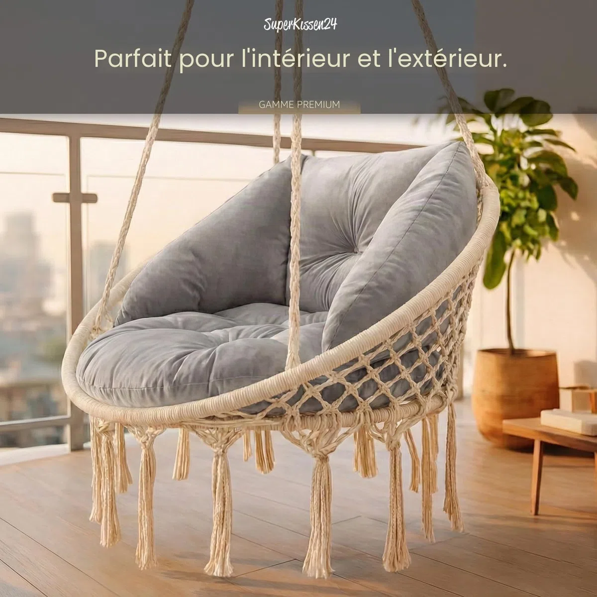 SuperKissen24. Coussin de Fauteuil Suspendu - Coussin Fauteuil Jardin - Oreillers de Oeuf Suspendu - Coussin Rond - Oreiller Moelleux - Argent