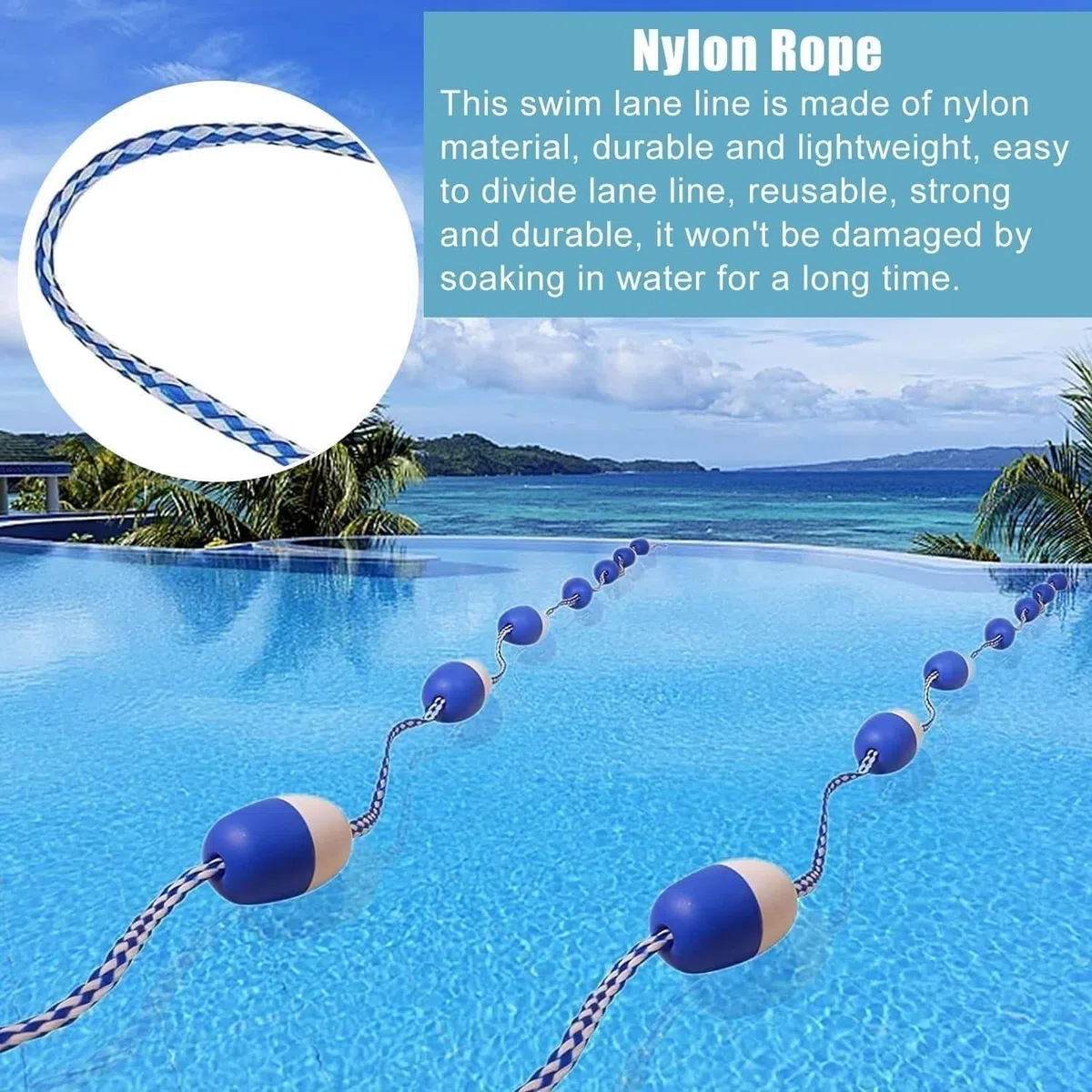 Ce kit de sécurité pour Piscine Comprend Une Corde et Un Flotteur, Une barrière Flottante de 27,4 m avec Crochets, Une Ligne de séparation Portable pour la Partie Profonde et Une bouée de dé