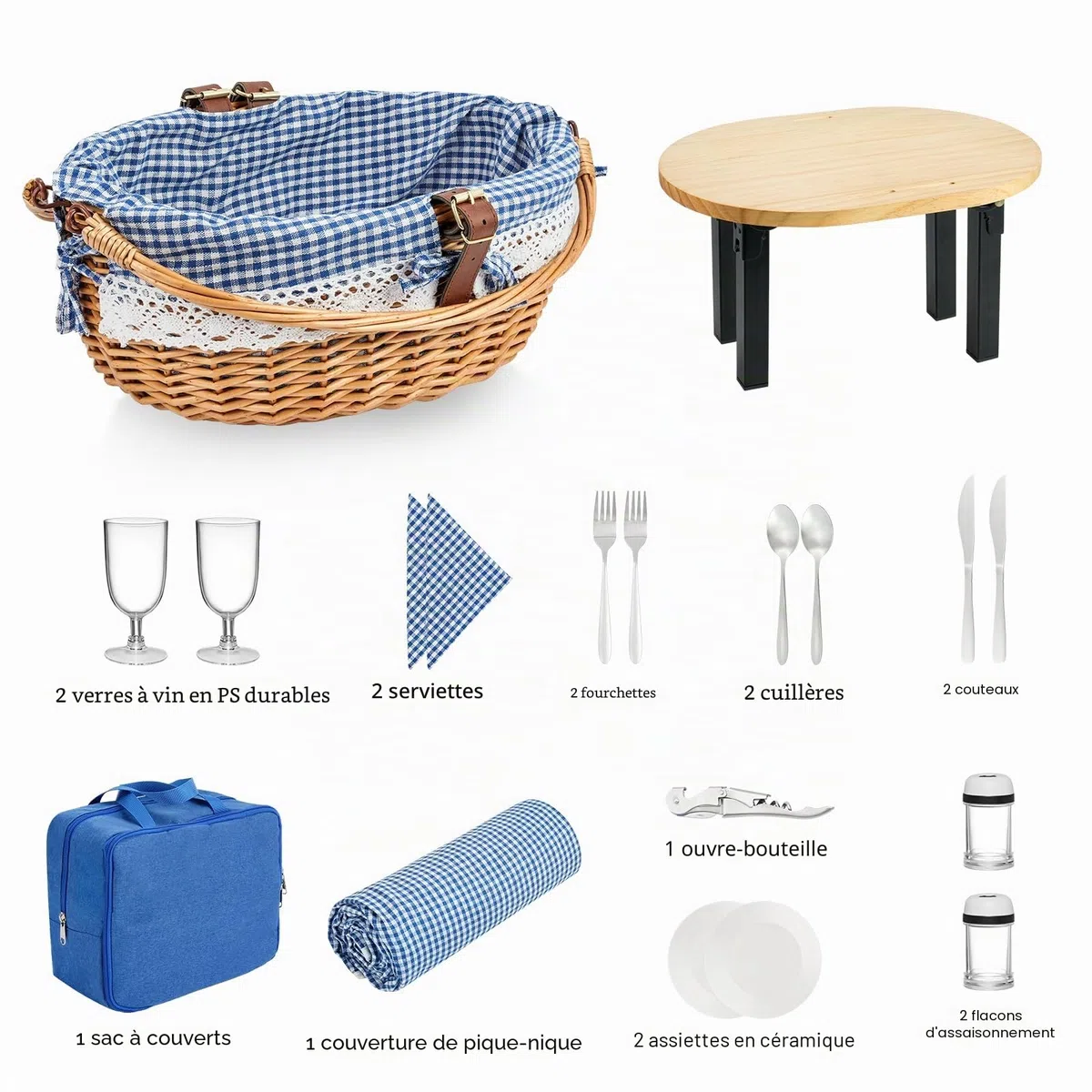 Set de Panier Pique-Nique en Osier pour 2 Personnes avec Table détachable,Sac fourre-Tout à Couverts,Couverture Imperméable, Doublure intérieure Amovible,pour Camping, Plage, Famille/Couple Cadeaux
