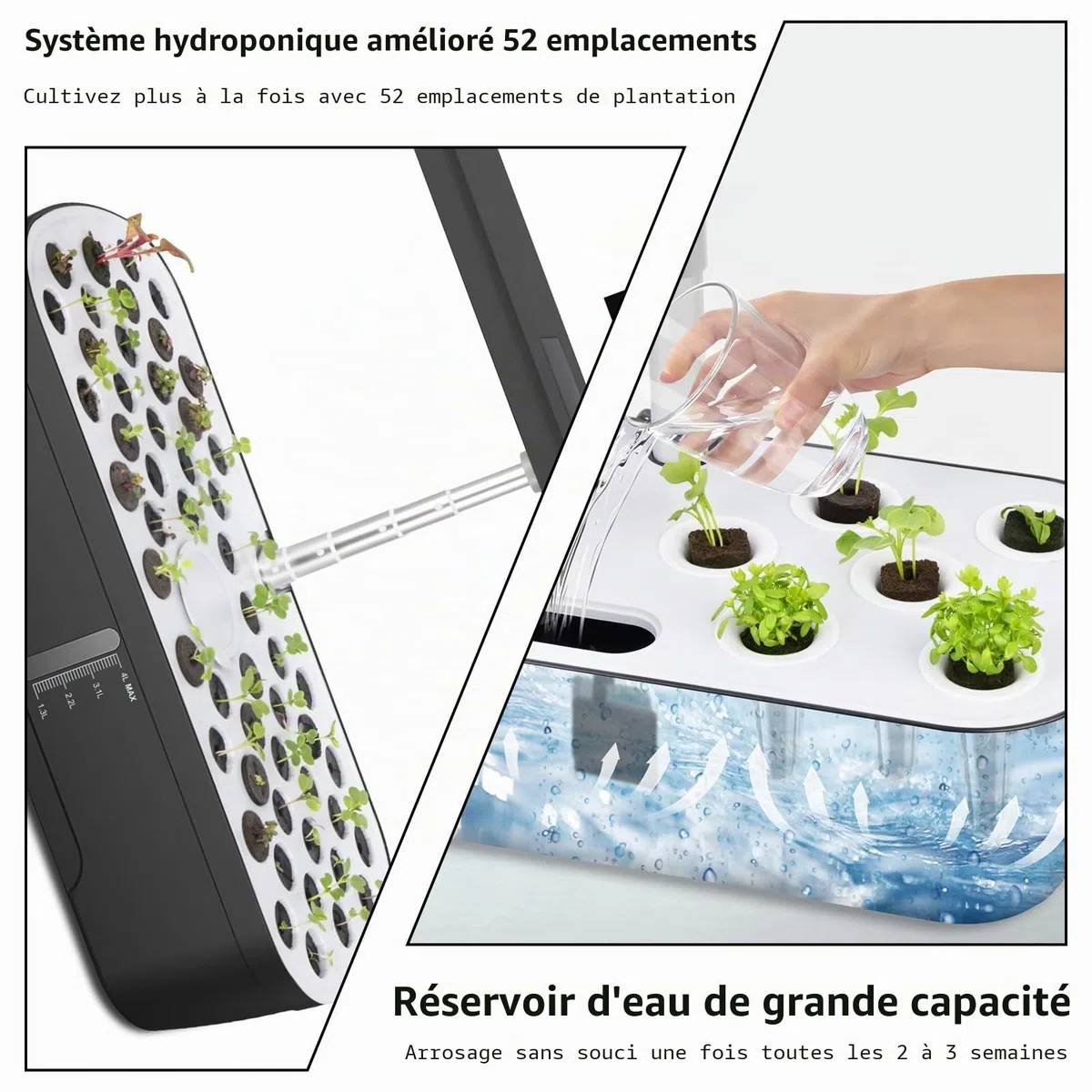 Système Hydroponique de Germination 52 Emplacements, Lampe LED Plein Spectre 24 W, Réservoir 4 L avec Minuterie Automatique et Arrosage Intelligent pour Fleurs, Légumes et Semis