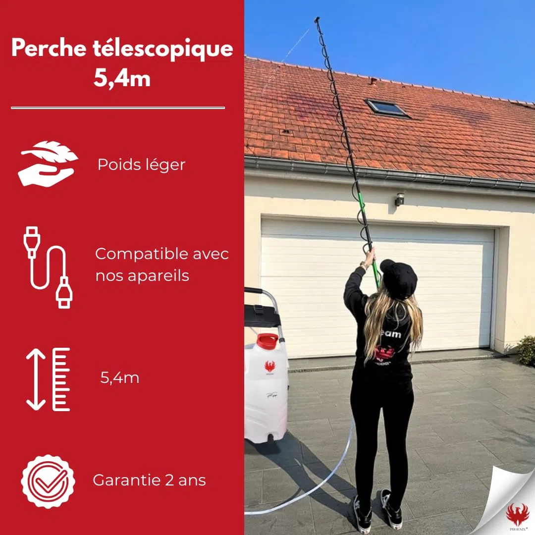 Phoenix - Perche télescopique pour pulvérisation en Hauteur - Compatible avec pulvérisateurs Pro Sprayer, Dorsal, Gladiator - Longueur à 5,4m - Idéale pour toits, façades, et Jardins