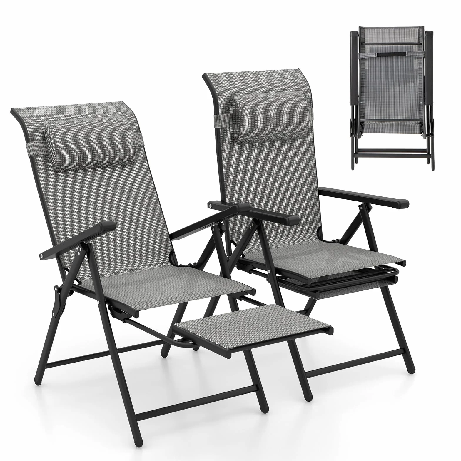 COSTWAY Chaises de Jardin Exterieur, Chaises Pliantes Réglables sur 10 Niveaux, Repose-Pied Rétractable, Appui-tête, Fauteuil Pliante pour Jardin Camping Piscine, Charge 150 kg (2)