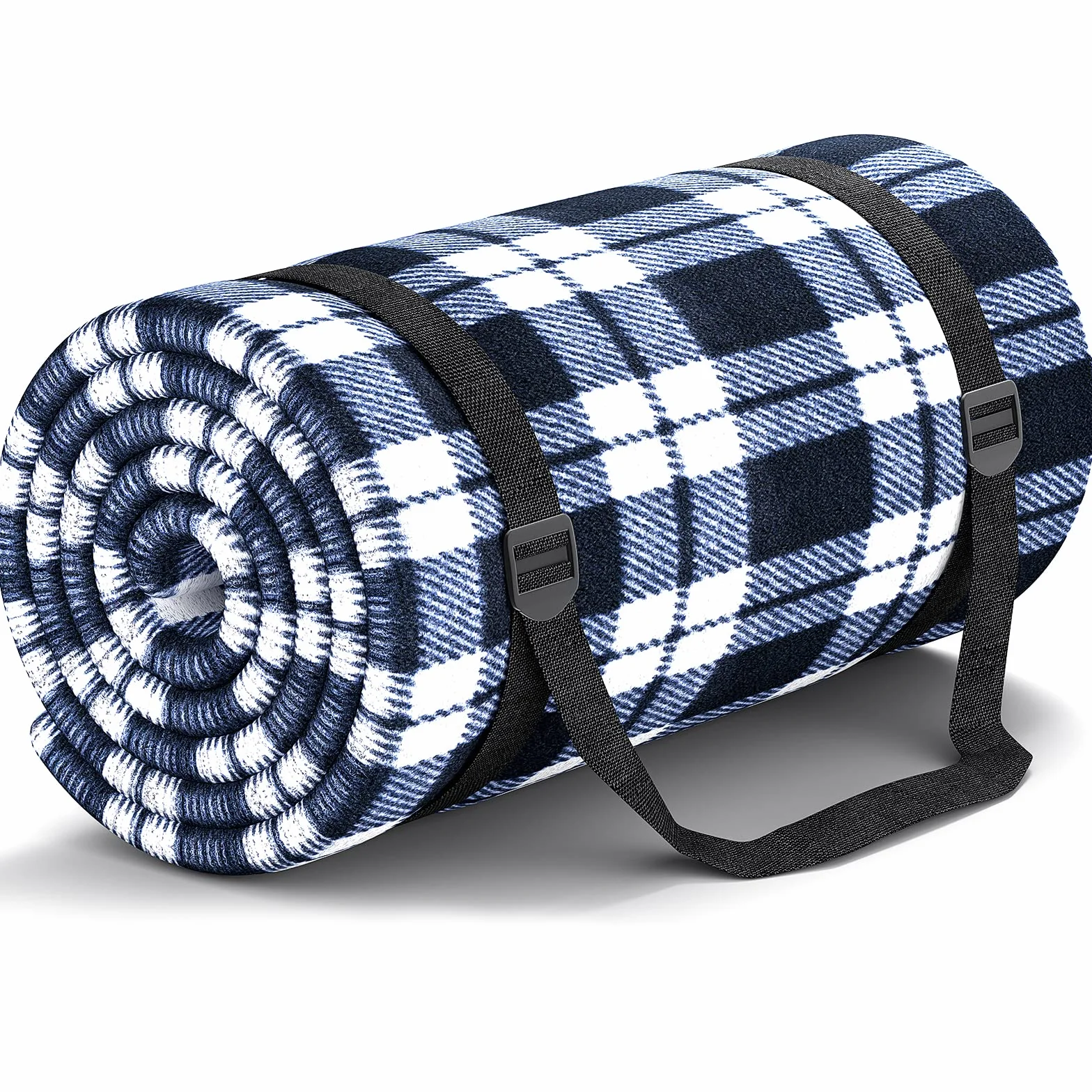 Couverture de Pique-Nique - 300 x 300 cm - Imperméable - sans Sable - Lavable - XXL - Pliable - avec bandoulière - Idéale pour la Plage et Le Parc (Grille Bleue et Blanche)