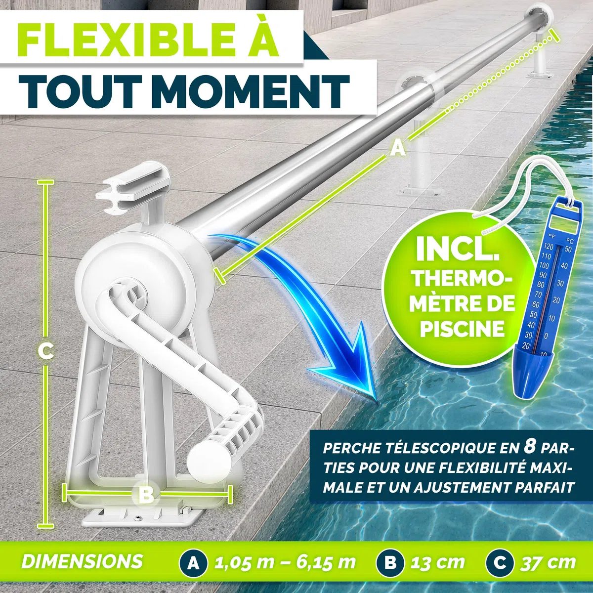 tillvex Dérouleur pour Piscine 1,05-6,15 m avec thermomètre | Système d'enroulage pour bâche Solaire | Dispositif d'enroulement Les bâches de Protection et couvertures de Piscine + Pattes de Fixation