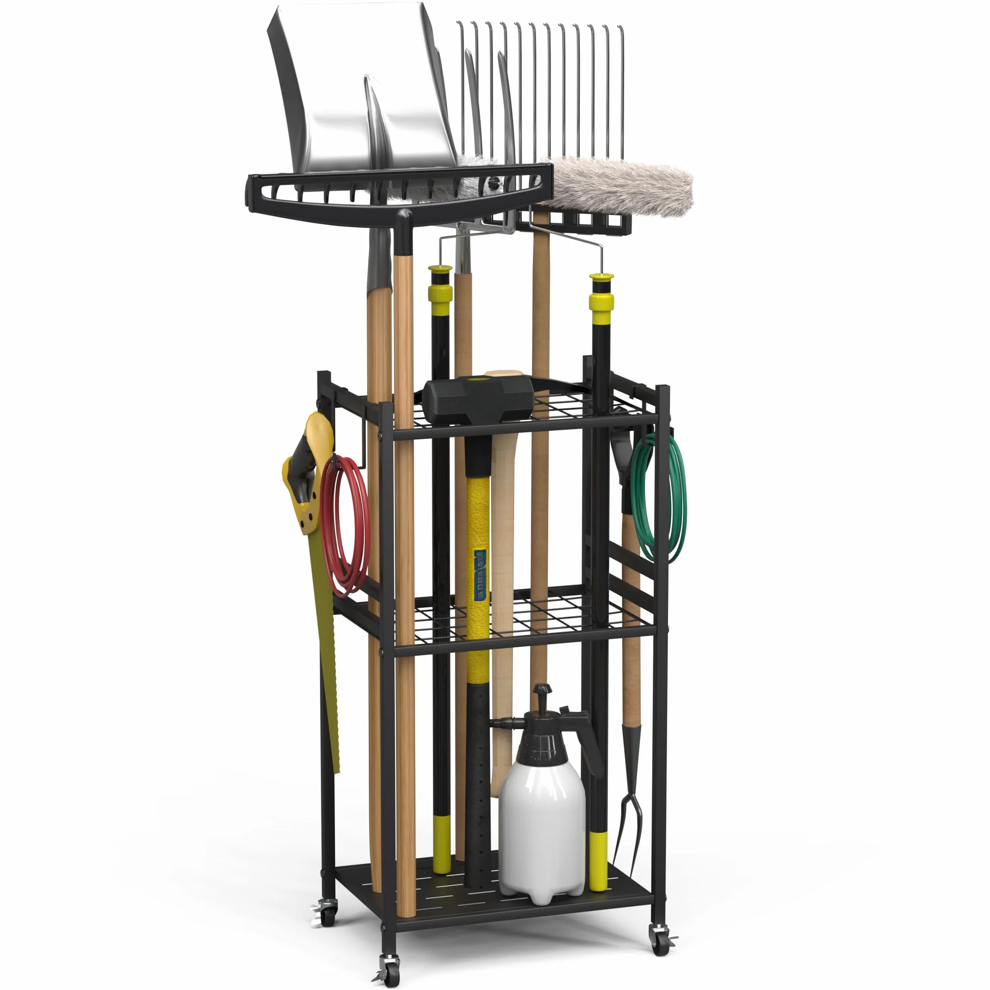 Rangement outils jardin 3 niveaux,polyvalent,roulettes freinables, M | 42*30*85cm, 35 positions, outils longs/courts, 4 crochets, robuste, roulettes freinables, anti-rouille, jardin/garage…