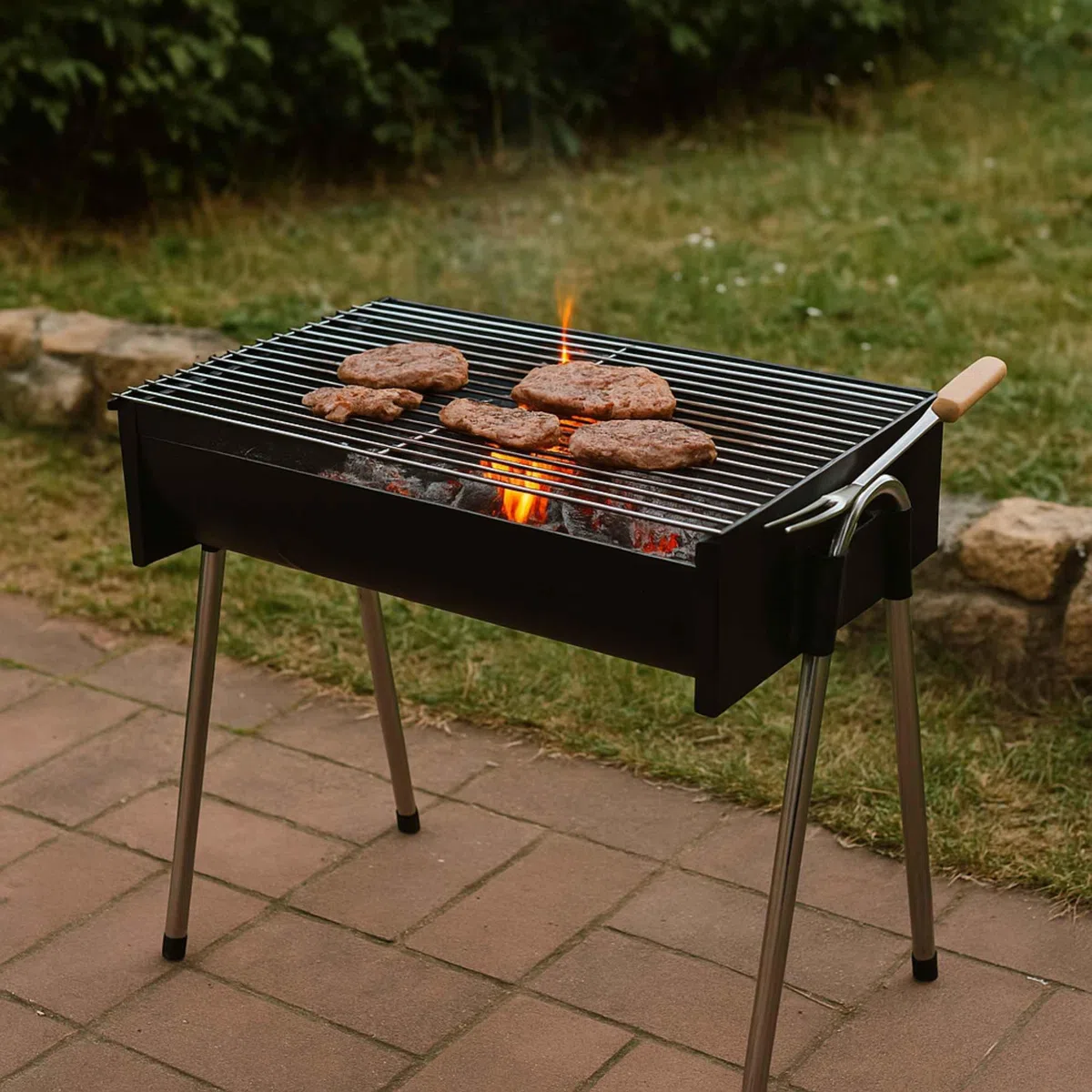 Barbecue demi-tonneau compact et résistant, idéal pour vos barbecues en plein air, avec grille chromée et pieds en acier inoxydable,