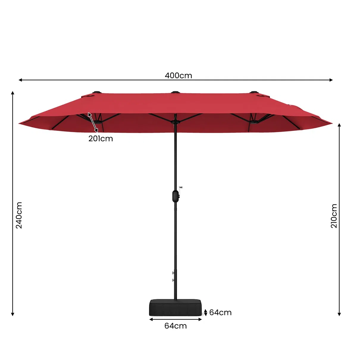 RELAX4LIFE Grand Parasol de Jardin Exterieur avec Pied, 4x2M Parasol Double pour Terrasse/Piscine/Marché, 12 Baleines Renforcées, Manivelle, Protection Solaire pour 6-8 Personnes