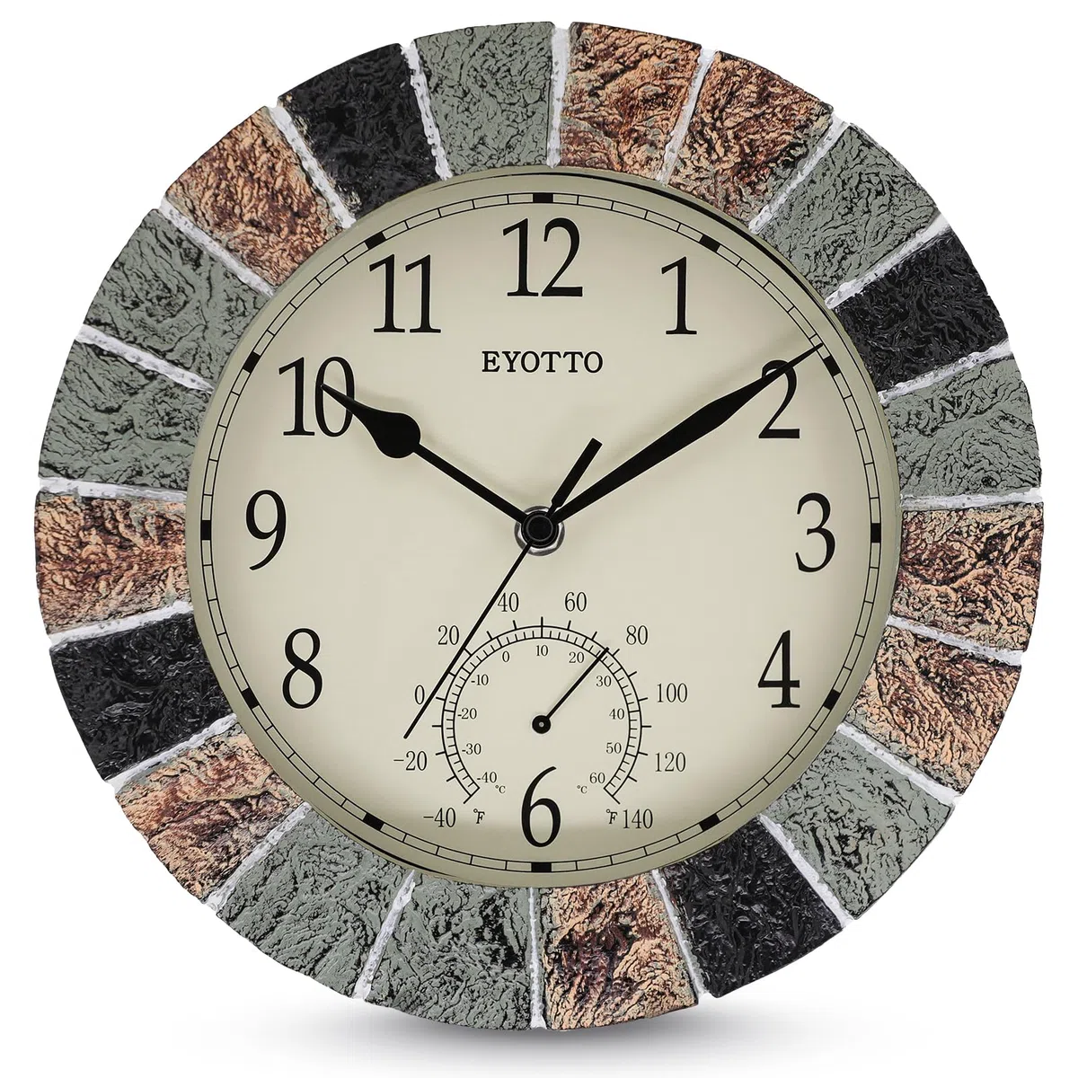 eYotto Horloge murale intérieur/extérieure de 25,4 cm avec thermomètre - Résistante aux intempéries, étanche, silencieuse - Pour terrasse, piscine, jardin, lanai, clôture, véranda, salle de bain