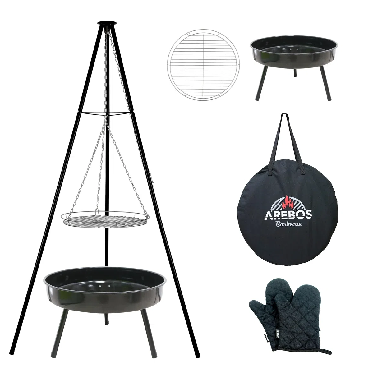 Arebos Barbecue suspendu | Barbecue au charbon de bois avec brasero Ø 51 cm | Trépied pour chaudron à goulasch | Grille de cuisson Ø 49 cm | Armature de barbecue avec brasero | Chaîne réglable en