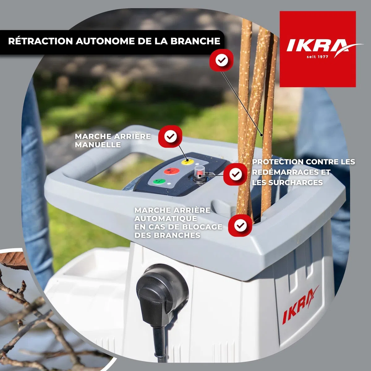 IKRA broyeur électrique à rouleaux ILH 3000S, diamètre des branches 44 mm | Silencieux, robuste, nécessitant peu d'entretien, puissant 3000 watts, alimentation automatique des branches