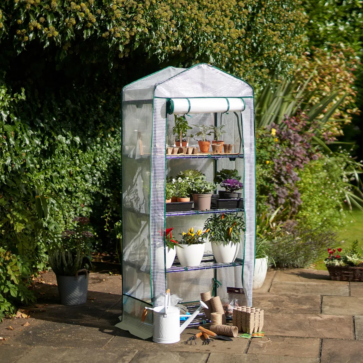 BRAMBLE Serre de Jardin pour Balcon, Intérieur & Extérieur avec 4 Étagères (10kg Poids Max par Étagère), Châssis en Acier & Bâche en PVC Renforcée Résistante - Solide & Facile à Monter - 160x69x49cm