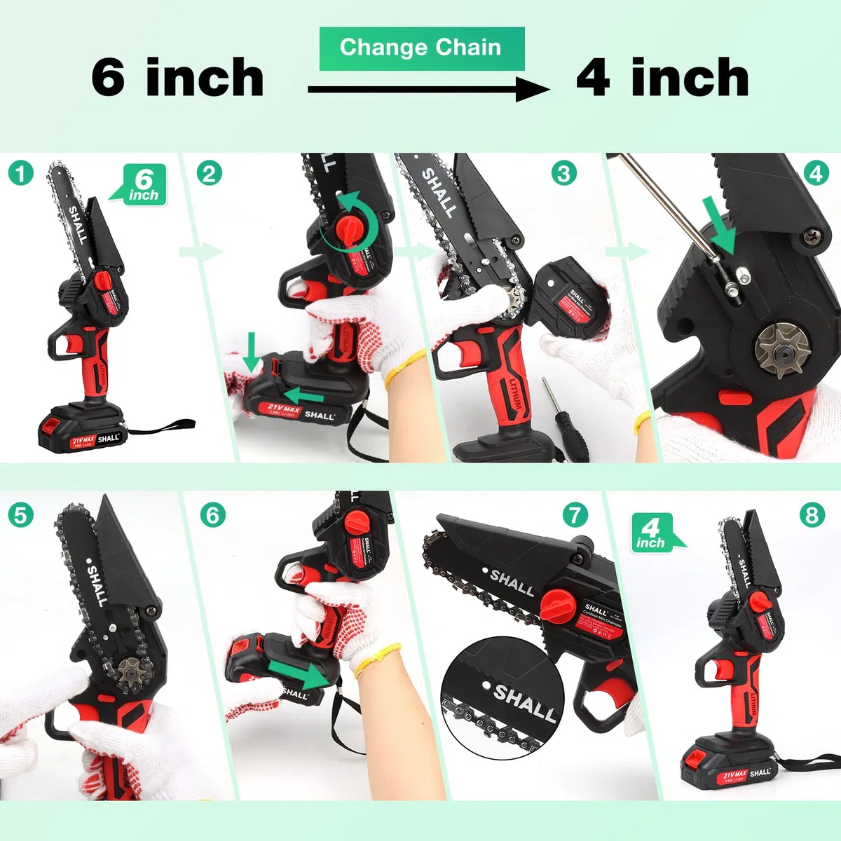 SHALL Mini tronçonneuse portable,Moteur sans balais 21 V,2 batteries à charge rapide,4 chaînes, coupant des branches, de jardinage meilleur choix pour mari, père, amateurs de bricolage en bois