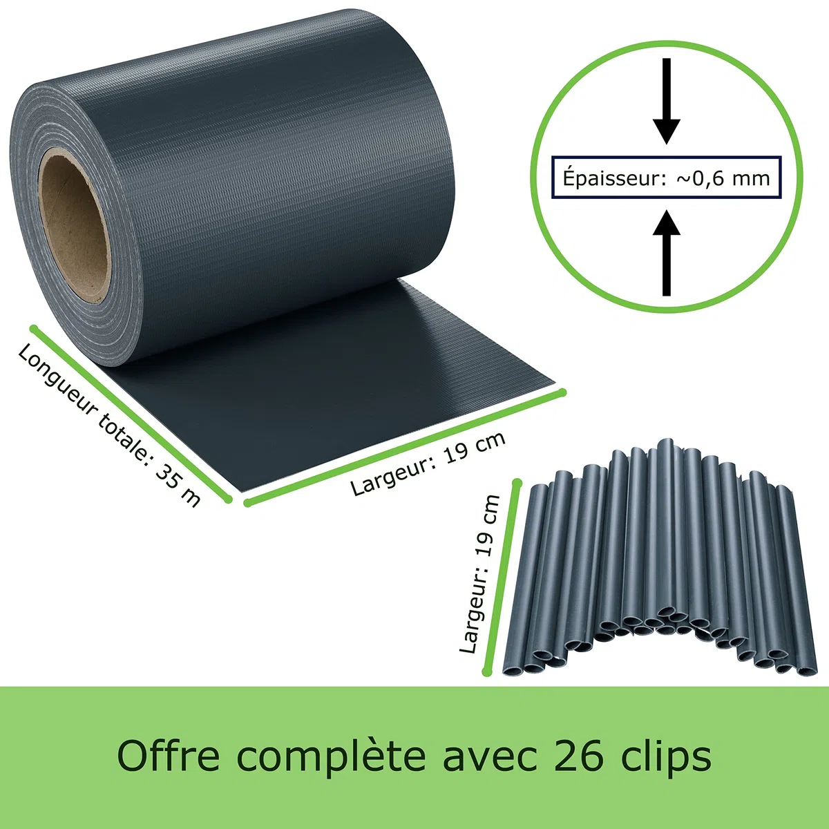 PVC WorkingHOUSE Brise-Vue pour Clôture Double Barre 650g/m² 35 m x 19 cm, Brise-Vue de Clôture, Décoration de Jardin, Résistant aux Intempéries, Sans Entretien