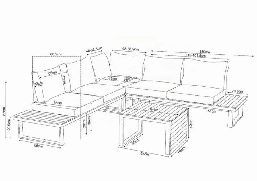 BDW Marbella Salon de jardin en aluminium gris avec polywood design modulaire pour terrasse et jardin, canapé 2 places, canapé d'angle, table basse