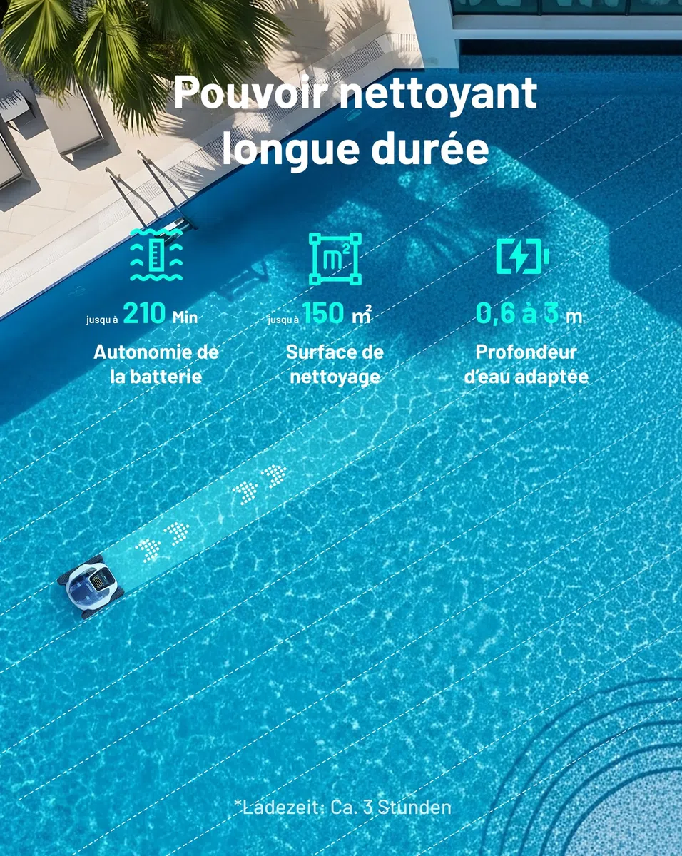 SPINO E1 Robot Piscine sans Fil | Autonomie 210 Min, 21950 LPH, 5 Modes, Nettoyage Parois et Ligne d'Eau, Contrôle par App, Trajet SmartArc, Piscines 150 m²