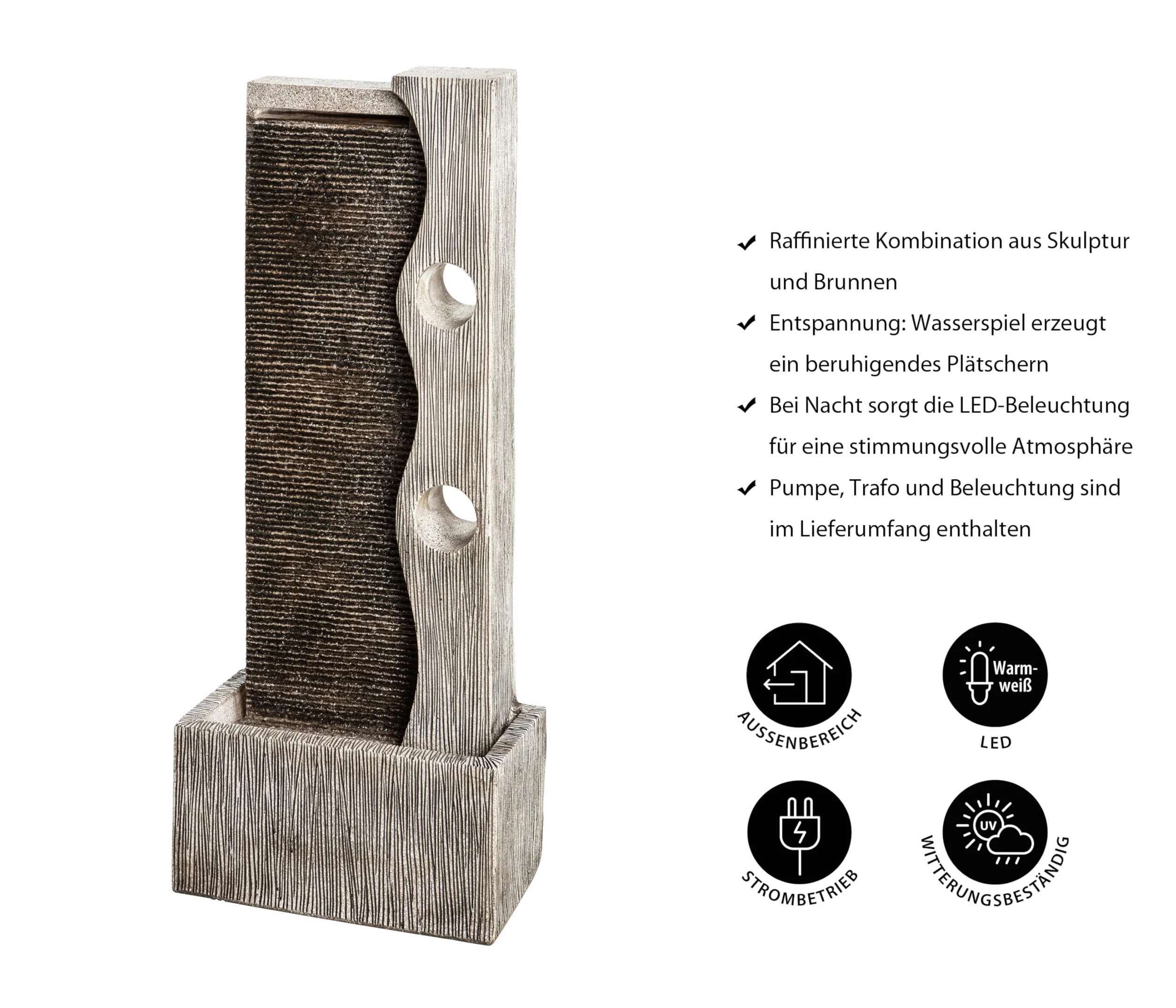 Dehner Fontaine de Jardin Eclipse avec éclairage LED, Environ 100 x 40 x 19,8 cm, polyrésine, Gris