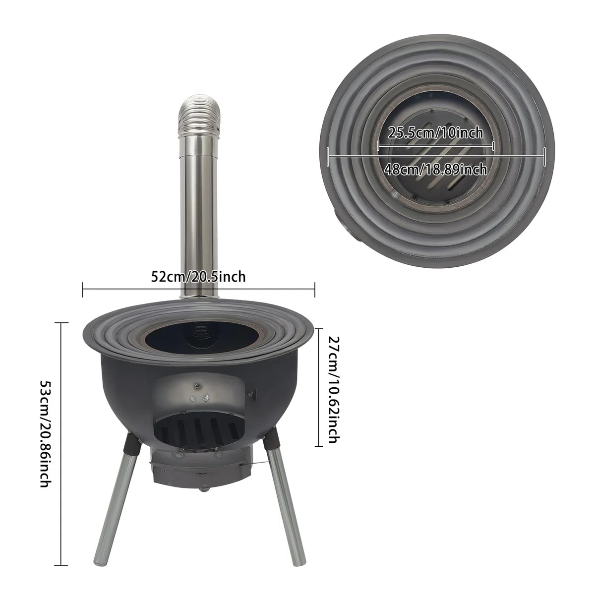Poêle à bois portable avec anneaux de cuisson 3/4 et bac à cendres - Pieds amovibles - Four en tôle d'acier robuste avec ventilation et cheminée - Pour camping, pique-nique et cuisine en plein air